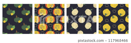 Set of 4 Seamless patterns with hand drawn colorful pumpkins 117968466