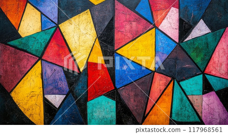 Colorful abstract painting featuring geometric shapes in vibrant hues on a textured background 117968561