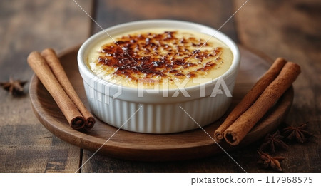Creamy custard dessert topped with caramelized sugar and cinnamon sticks on a wooden plate Creamy custard dessert topped with caramelized sugar and cinnamon sticks on a wooden plate 117968575