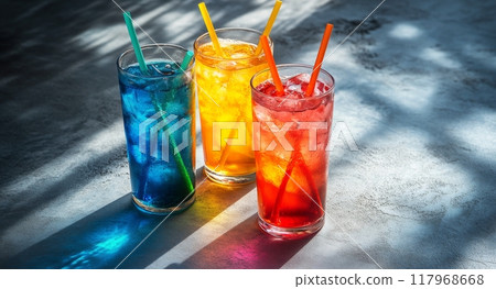 Colorful tropical drinks served in clear glasses with ice on a sunlit table outdoors 117968668