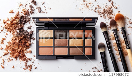 Makeup palette with warm tones and brushes arranged on a white surface with mineral remnants Makeup palette with warm tones and brushes arranged on a white surface with mineral remnants 117968672
