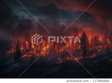 Forest at fire. Burning tree disaster. Flame and smoke in mountain. Bushfire danger. Global warming problem. Wildfire destruction of nature 117968860