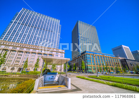Tokyo cityscape in Japan, overlooking Nijubashimae (Marunouchi) Station Entrance 2 and Babasakimon Gate 117968861