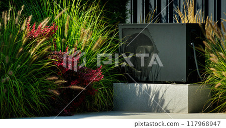 Heat pump unit near a backyard pool, surrounded by lush plants and vibrant flowers, showcasing modern sustainable living. 117968947