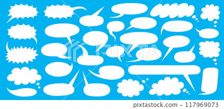 Big set of bubble speech shapes. Flat white vector illustration isolated on blue background. 117969073
