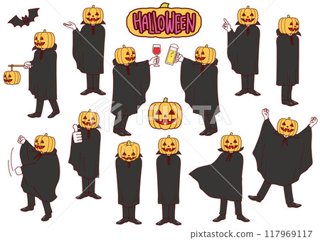 Halloween cloaked pumpkins in various poses 117969117