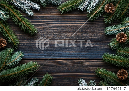Christmas or New Year background with fir branches on the right and left side on dark wooden background. Place for your text. Christmas or New Year background with fir branches on the right and left side on dark wooden background. Place for your text. 117969147
