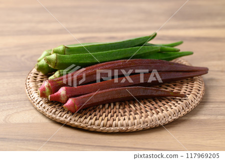 Fresh red and green okra, Organic vegetable, Food ingredient Fresh red and green okra, Organic vegetable, Food ingredient 117969205