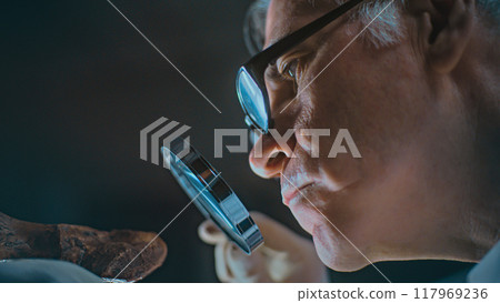 Senior archaeologist works with fossils using magnifying glass 117969236