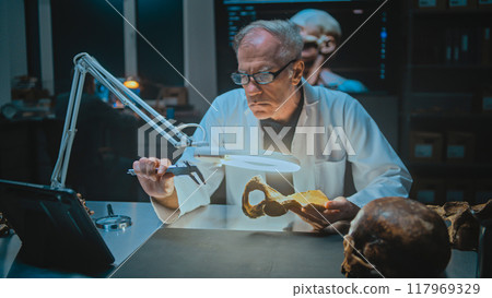 Senior archaeologist measures and studies fossil bones, uses tablet computer 117969329