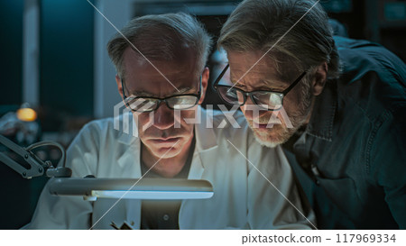 Senior archaeologist takes measurements of fossil bone with colleague 117969334