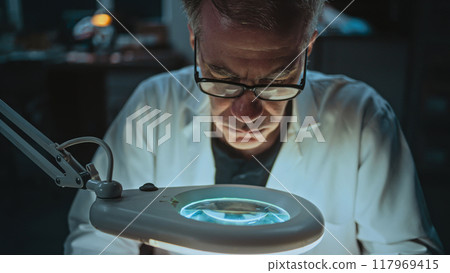 Senior archaeologist takes measurements of fossil bone in archaeological lab at night Senior archaeologist takes measurements of fossil bone in archaeological lab at night 117969415
