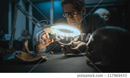 Mature archaeologist takes measurements of remains of prehistoric human 117969433