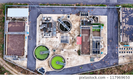 aerial drone view process cleaning dirty sewage water by active sludge Modern technologies wastewater treatment plant aerial drone view process cleaning dirty sewage water by active sludge Modern technologies wastewater treatment plant 117969650