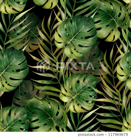 Dark seamless pattern with green monstera and palm leaves. Tropical botanical background. Suitable for making wallpaper, wrapping paper, fabric 117969679