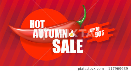 Super Big Hot Autumn sale horizontal banner with red chili cayenne pepper isolated on red background. Vector 3d horizontal seasonal Autumn hot sale poster, flyer, banner, tag and background. 117969689