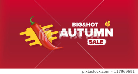 Super Big Hot Autumn sale horizontal banner with red chili cayenne pepper isolated on red background. Vector 3d horizontal seasonal Autumn hot sale poster, flyer, banner, tag and background. Super Big Hot Autumn sale horizontal banner with red chili cayenne pepper isolated on red background. Vector 3d horizontal seasonal Autumn hot sale poster, flyer, banner, tag and background. 117969691
