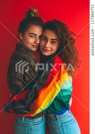 Lesbian couple hug with young women 117969752