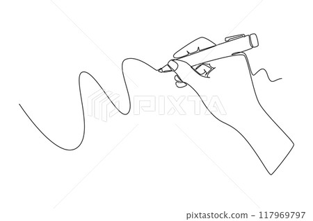 Continuous one line drawing of hand business man or woman gesture draw straight diagonal line. Write long zigzag streak on white board concept. Single line draw design vector graphic illustration 117969797