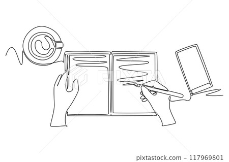 Continuous one line drawing top view of hand writing gesture on book beside smartphone screen and cup of coffee or tea on work desk. Worker gadget. Single line draw design vector graphic illustration Continuous one line drawing top view of hand writing gesture on book beside smartphone screen and cup of coffee or tea on work desk. Worker gadget. Single line draw design vector graphic illustration 117969801