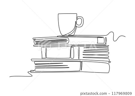Single continuous line drawing cup of coffee or tea on pile of books on office desk. Work space table with books stack. Education and learning concept. One line draw graphic design vector illustration Single continuous line drawing cup of coffee or tea on pile of books on office desk. Work space table with books stack. Education and learning concept. One line draw graphic design vector illustration 117969809