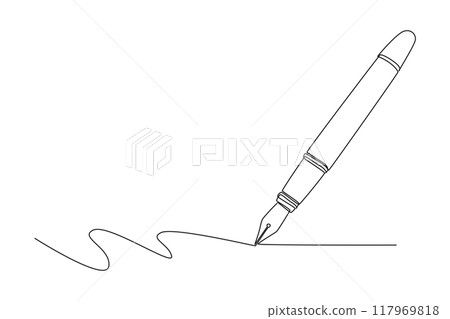 Single one line drawing of vintage or retro ballpoint. Pen logo icon. Back to school or college equipment stationery. Education concept. Modern continuous line draw design graphic vector illustration 117969818