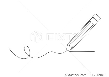 Single one line drawing wooden pencil for writing on paper book. Back to school or college concept. Education knowledge learning for all. Modern continuous line draw design graphic vector illustration Single one line drawing wooden pencil for writing on paper book. Back to school or college concept. Education knowledge learning for all. Modern continuous line draw design graphic vector illustration 117969819