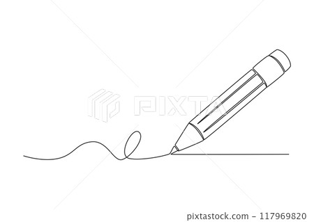 Continuous one line drawing of pencil flat icon. Symbol of graduation for web or mobile app. Sign of education for design. Outline logo of school. Single line draw design vector graphic illustration Continuous one line drawing of pencil flat icon. Symbol of graduation for web or mobile app. Sign of education for design. Outline logo of school. Single line draw design vector graphic illustration 117969820