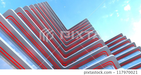 A view from below of a luxurious condominium in Colorado. The red daytime lighting highlights the glass facade. 3D rendering. 117970021