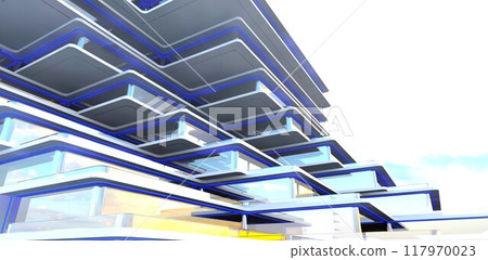 Architectural abstraction. Apartments with large panoramic windows. Luxurious hotel on the coast of Singapore, 3D rendering. 117970023