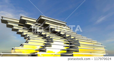 Architectural fantasy a building with a complex facade featuring a lot of glass and numerous apartments arranged in a sail-like design. 3D rendering. 117970024