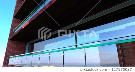 Design of a balcony in a low-rise residential building with glass railing. Metal railings and red brick finishes. 3D rendering. 117970027