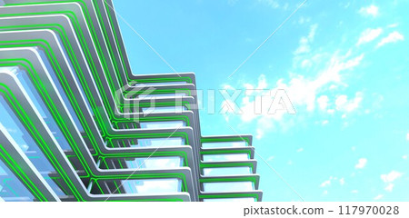 Design of an elite high-tech condominium for apartment rentals. Green exterior lighting. View from below. 3D rendering. 117970028