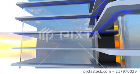 Drone shot of the glass facade of a high-rise condominium above the clouds, 3D rendering. 117970029