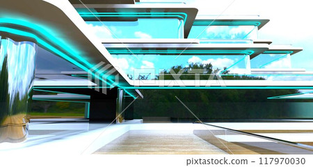 Exit to a terrace with a wooden deck and glass railings. A luxurious hotel for the relaxation of ordinary people in Myanmar. 3D rendering. 117970030