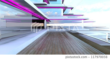 Natural ash wood decking on a multi-level terrace of a luxury cruise liner, 3D rendering. 117970038