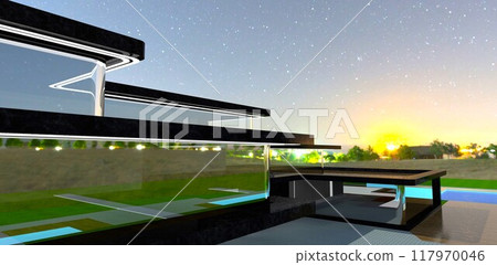 Reflection of the pre-dawn starry sky in the glass facade of an advanced private house with a black marble finish. 3D rendering. 117970046