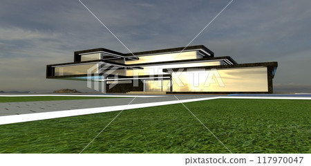 Reflection of the setting sun behind mountain peaks on the glass facade of a luxurious country estate with a black marble exterior. 3D rendering. 117970047