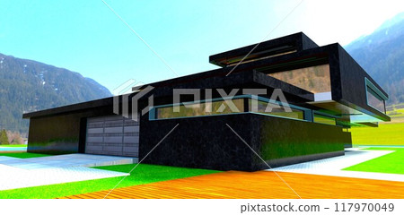 Sturdy metal garage doors integrated into a countryside mansion made of black marble, built in a mountainous region. 3D rendering. 117970049