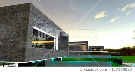 The night lighting reflects beautifully on the facade of a cottage clad in old gray natural stone. 3d rendering. 117970050