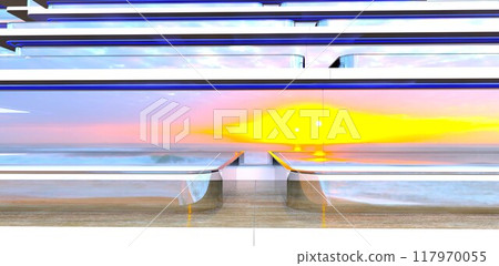 Two adjacent terraces with glass railings. The facade of a luxury apartment building for rent in Florida. 3D rendering. 117970055