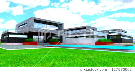 Visualization of an architectural project for a private gated club complex with a combined exterior cladding. 3D rendering. 117970062