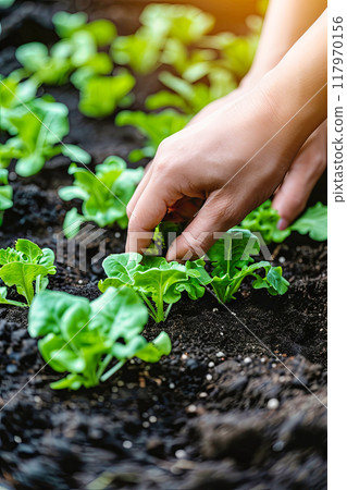 Hands of woman planting young lettuce seedlings 117970156