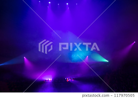 Multi-colored rays of light from stage spotlights. Multi-colored rays of light from stage spotlights. 117970505