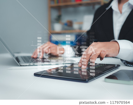 Business people use computers to analyze business and manage corporate data, business analytics with charts, metrics and KPIs to improve organizational performance, marketing, financial organization 117970564