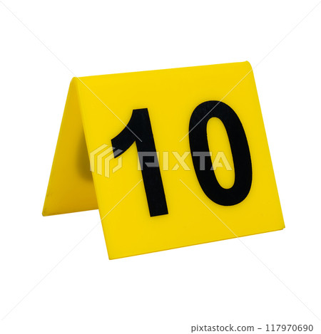 Crime scene investigation. Yellow evidence identification marker on transparent background number 10 Crime scene investigation. Yellow evidence identification marker on transparent background number 10 117970690
