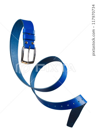 Blue leather belt twisted and isolated on a white background. 117970734