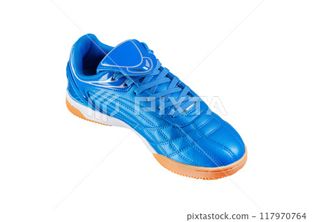 Blue leather sneaker on a white background. 117970764