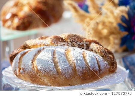 Beautiful bread and loaf in flour. Good grain harvest. Beautiful bread and loaf in flour. Good grain harvest. 117970773