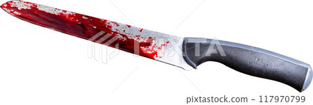 Kitchen knife with red blood stains on an isolated white background. 117970799
